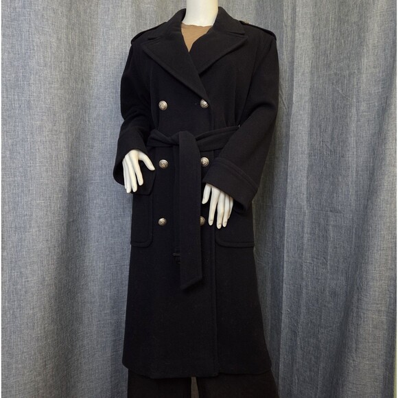 VTG Perry Ellis Long Line Dress Coat Wool Women’s 4 Double Breasted Belted Black - Picture 1 of 10
